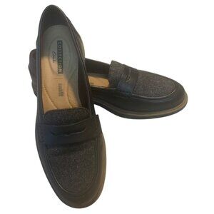CLARKS Black + Gray Leather/Tweed Combo Raisie Eletta Slip-On Loafers Size 8.5M